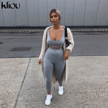 Kliou women fitness tracksuit 2 pieces set slim crop top + padded sporting leggings active wear outfits skinny stretch outwear